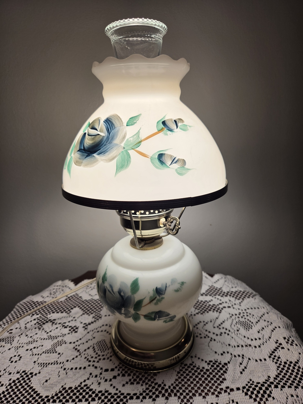 Vintage Hurricane Lamp Milk Glass Hand-Painted Blue Roses Cottage Grandma